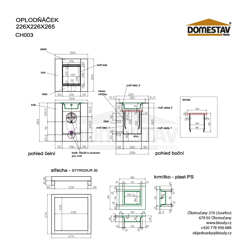 Styrodurový oplodňáček 226x226 mm – rozměrový výkres